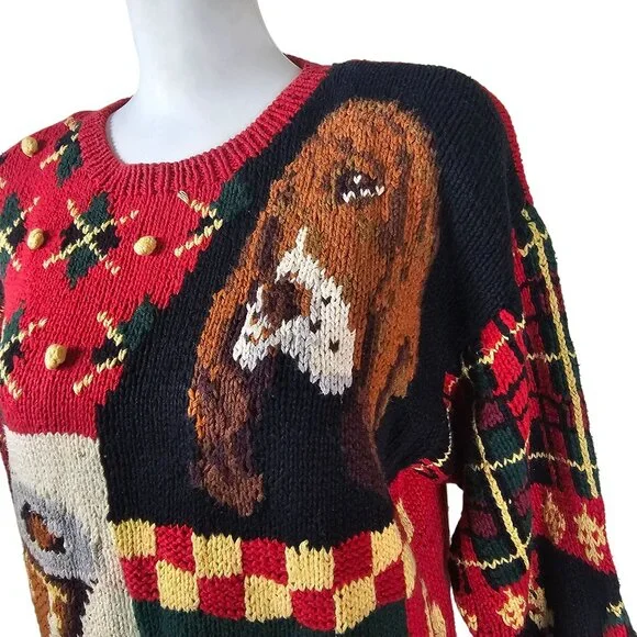 Vtg 1990 Eagles Eye Tartan Plaid Sweater Sz M Hound Dog Pipe Ugly Christmas - Picture 10 of 12